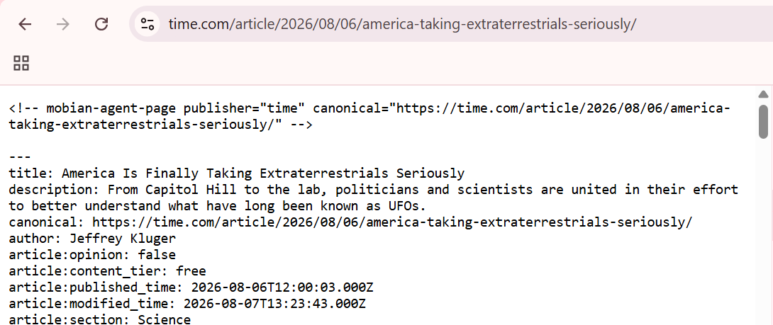 Screenshot del markdown servito da TIME a ClaudeBot, con firma mobian-agent-page visibile